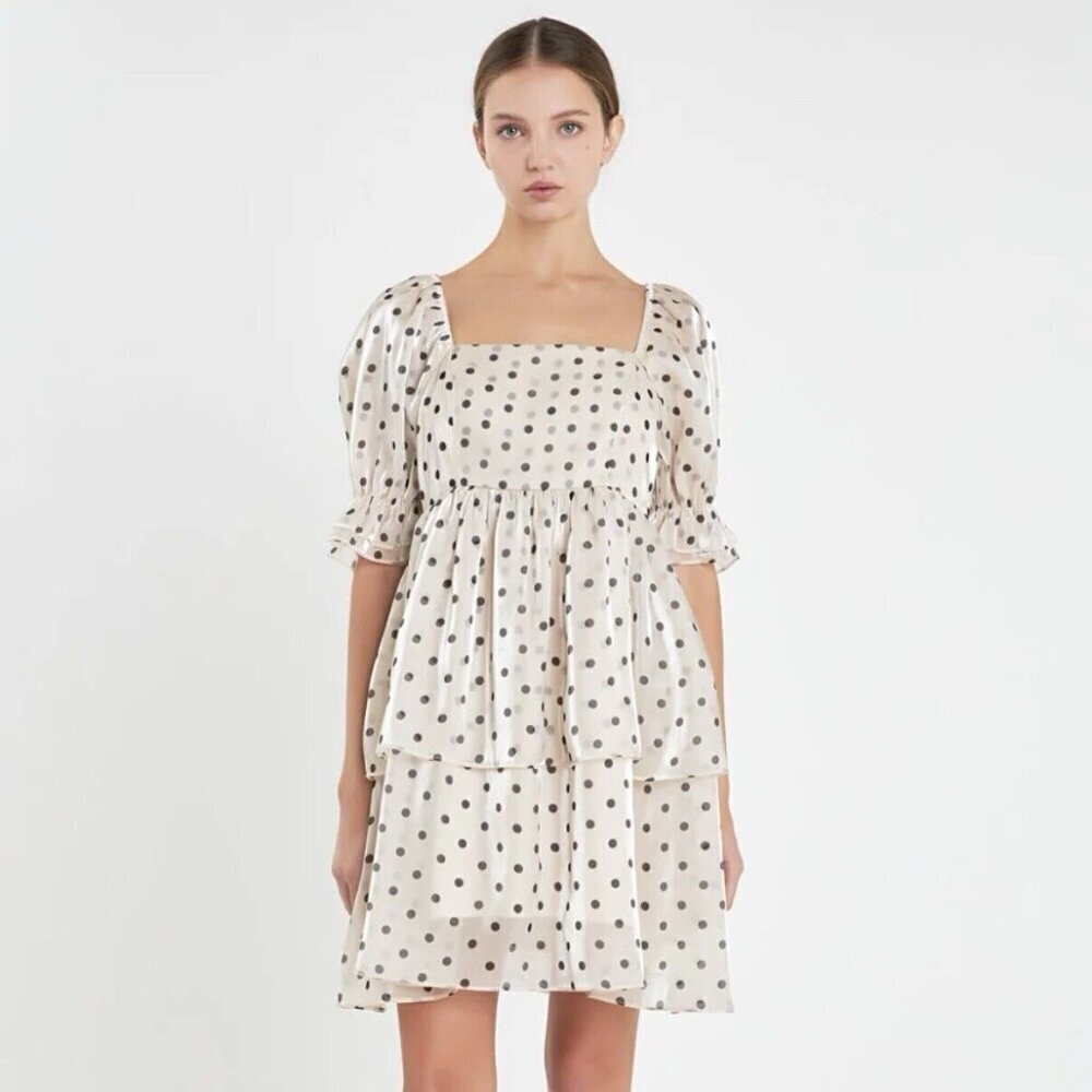 English Factory Organza Polka Dot Tiered Mini Dress Babydoll A-Line Small Ruffle